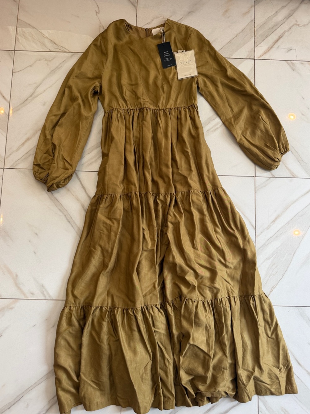 Veiled Olive Green Tiered Maxi Dress with Long Puff Sleeves